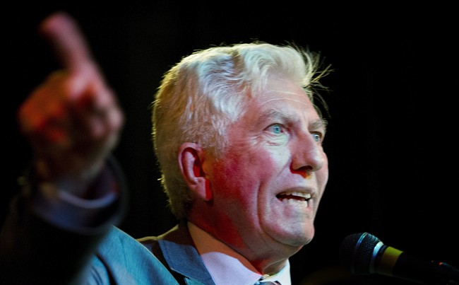 Bloc Quebecois leader Gilles Duceppe speaks to supporters during a federal election campaign stop in Montreal, Friday, August 7, 2015.