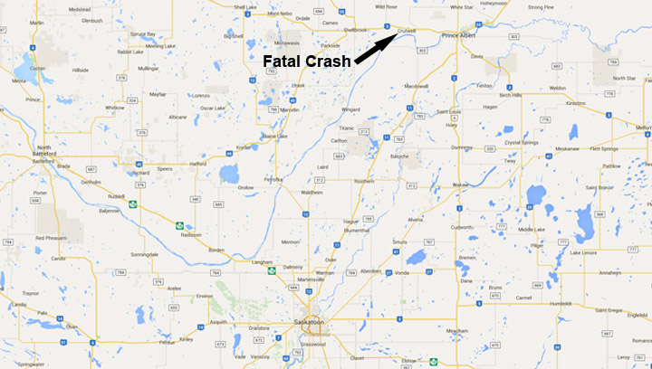 One person is dead and one injured after a crash between a semi and a car on a highway west of Prince Albert, Sask.