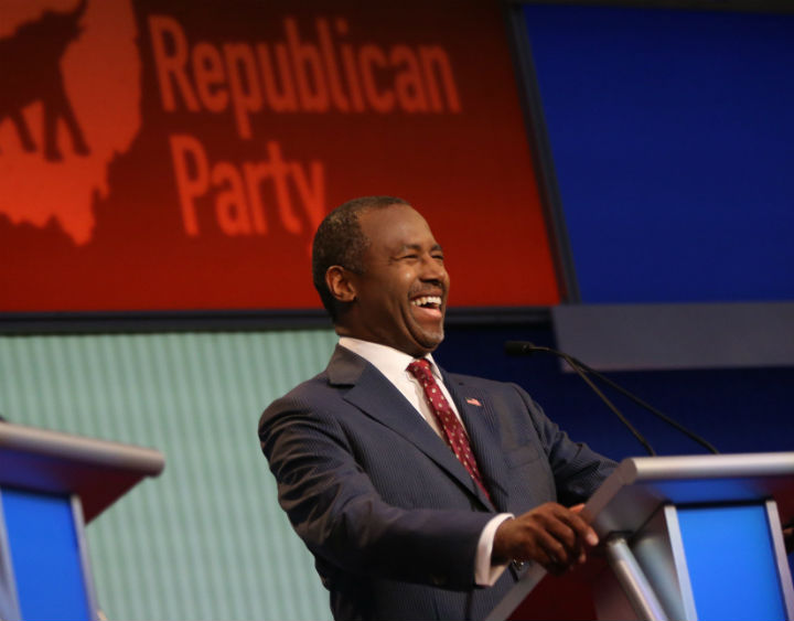 Republican presidential candidate Ben Carson smiles during the first Republican presidential debate at the Quicken Loans Arena Thursday, Aug. 6, 2015, in Cleveland.
