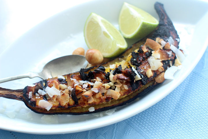 These grilled tropical plantains get their richness from coconut oil, unsweetened coconut and macadamia nuts. Since this recipe takes just minutes to make, these are perfect for entertaining.