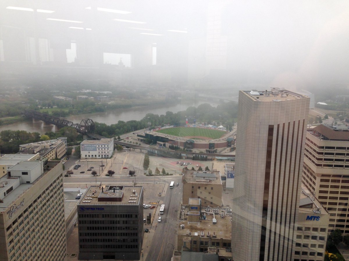 A view of the haze covering Winnipeg from 201 Portage Avenue.