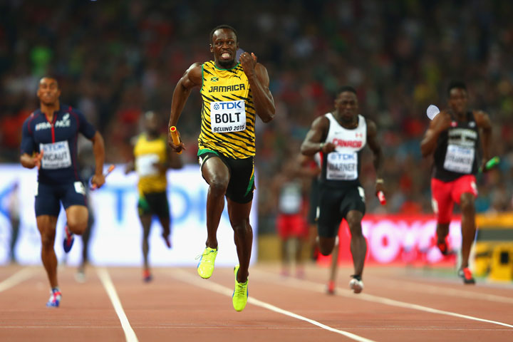  Usain Bolt of Jamaica crosses the finish line to win gold in the Men's 4x100 Metres Relay final during day eight of the 15th IAAF World Athletics Championships Beijing 2015.