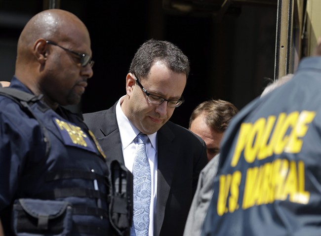 Former Subway pitchman Jared Fogle leaves the Federal Courthouse in Indianapolis, Wednesday, Aug. 19, 2015 following a hearing on child-pornography charges. Fogle agreed to plead guilty to allegations that he paid for sex acts with minors and received child pornography in a case that destroyed his career at the sandwich-shop chain and could send him to prison for more than a decade. 