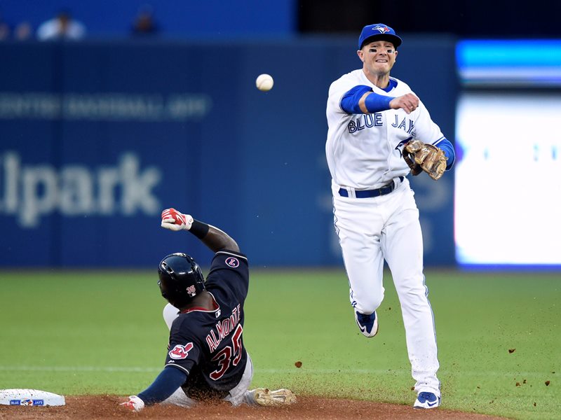 Toronto Blue Jays' Troy Tulowitzki, right, throws to first baseman Chris Colabello as Cleveland Indians' Mike Aviles slides into second base after grounding into a double-play during the third inning of American League baseball action in Toronto on Monday, August 31, 2015.