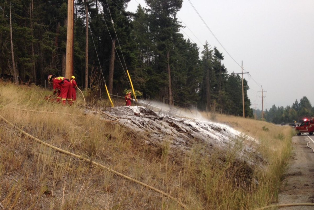 Fire fighters put out blaze along Highway 33 near Falkland Road on Monday afternoon. 