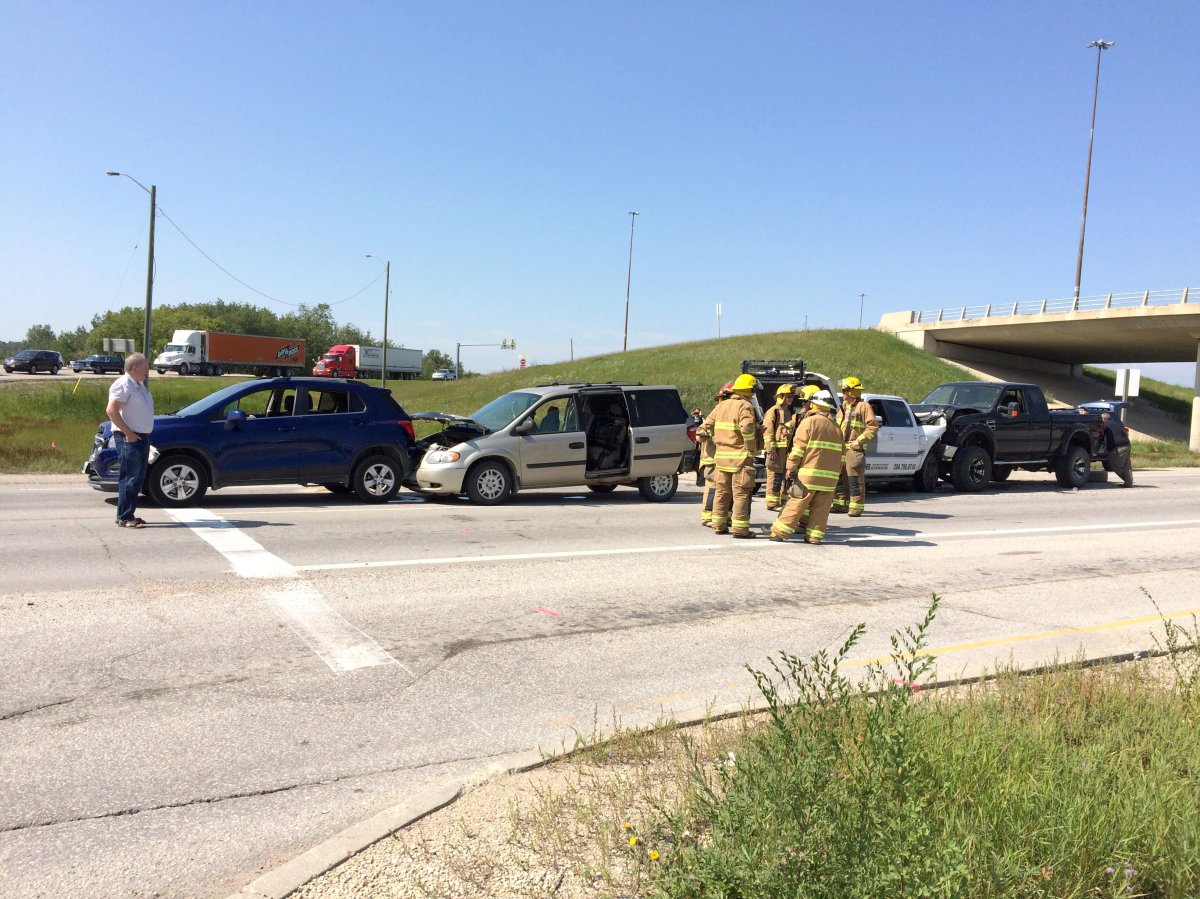 A multiple vehicle crash on Lagimodiere Blvd. at the north perimeter sent three adults and three children to hospital Thursday afternoon.