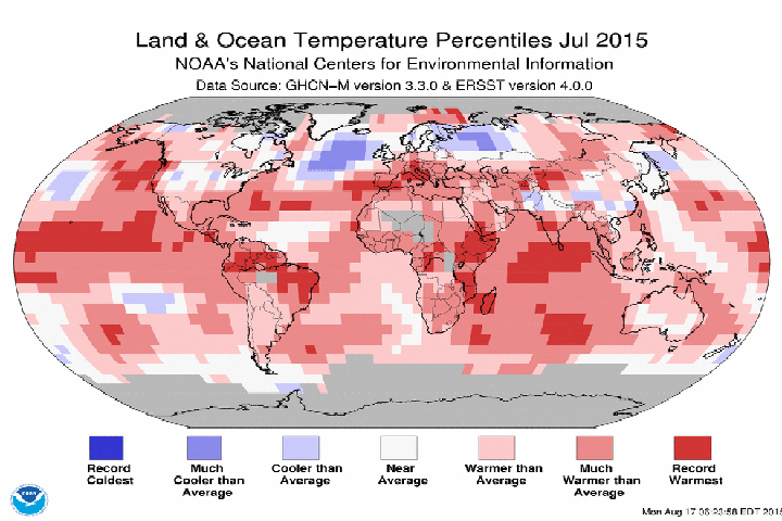 The National Oceanic and Atmospheric Administration recorded the hottest month on record in July 2015.