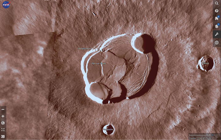 Olympus Mons, the tallest mountain in the solar system, is seen here on Mars.