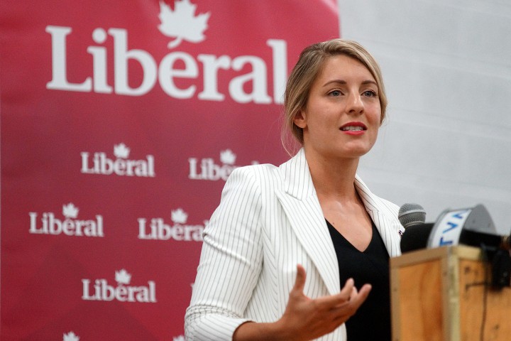 Melanie Joly gives her victory speech after winning the nomination vote for the riding of Ahuntsic-Cartierville, in Montreal, Que., August 23, 2015.