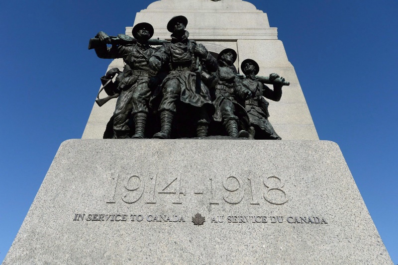 The National War Memorial, with the dates marking the First World War, is seen in Ottawa on Nov. 11, 2014.