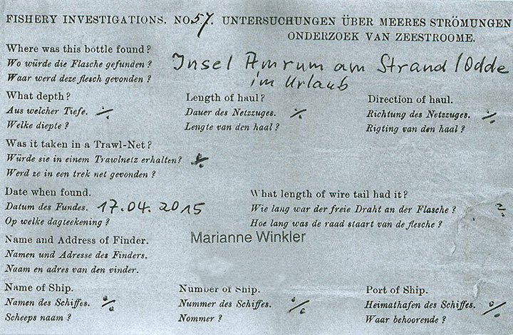 This is an image of a message that was found in a bottle from The Marine Biological Association of the UK made available on Friday Aug. 21 2015.  