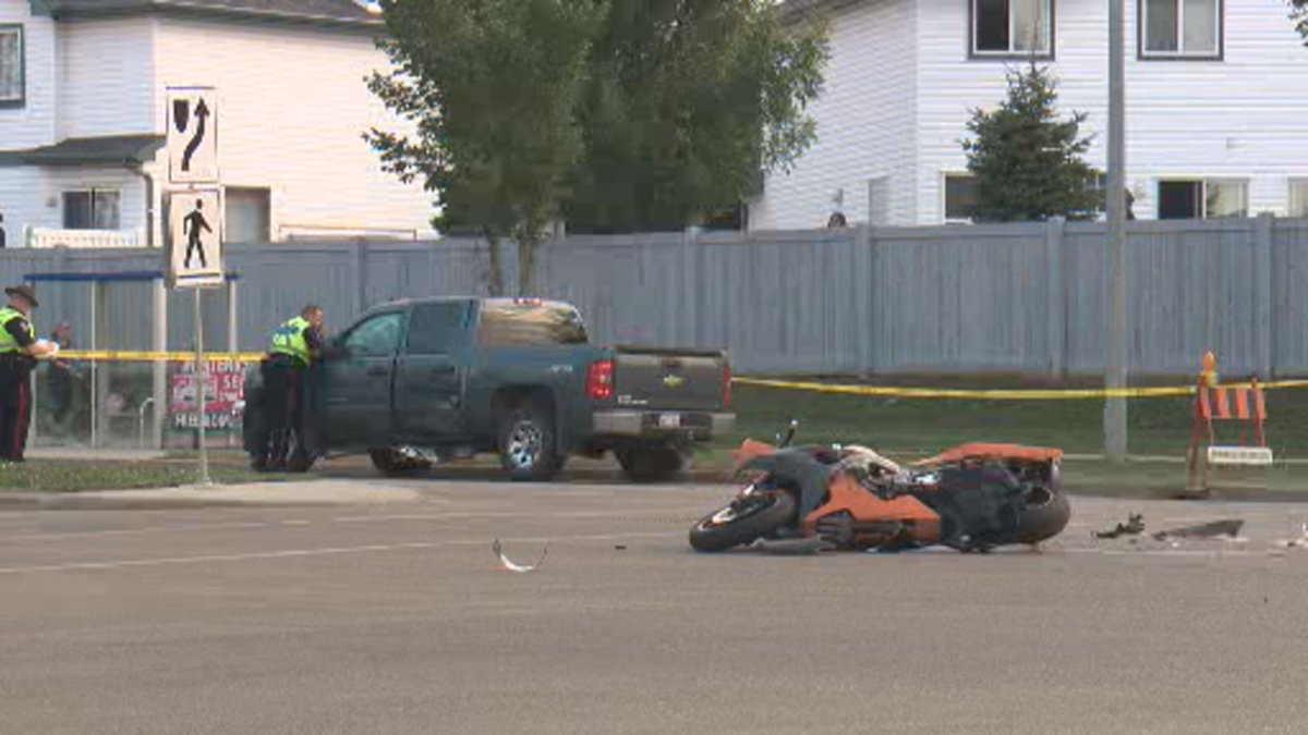 Edmonton police investigating a deadly collision involving a motorcycle on 82 Street and Schonsee Way.