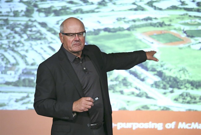 Ken King, President and CEO of the Calgary Sports and Entertainment Corporation, unveils plans for a new enclosed sports complex in Calgary, Tuesday, Aug. 18, 2015. 