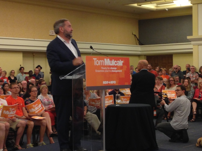 Thomas Mulcair, the federal leader of the NDP, appeared at a rally at the World Trade and Convention Centre. There were approximately 1,000 people in attendance.