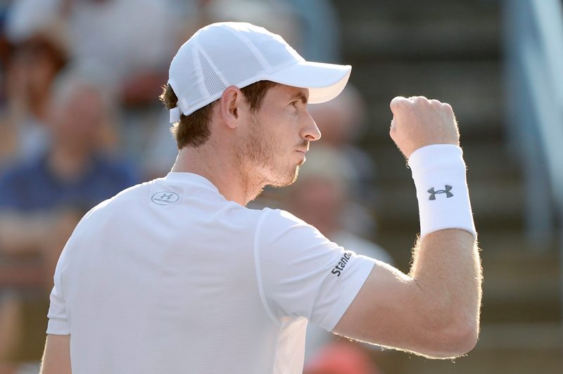 Andy Murray, of Great Britain, celebrates a point against Novak Djokovic, of Serbia, during the men's final at the Rogers Cup tennis tournament in Montreal on Sunday, August 16, 2015. 