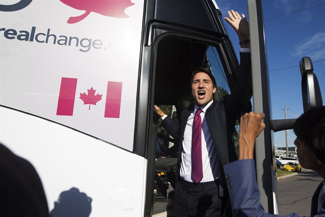 Liberal Party leader Justin Trudeau leaves a rally as he begins campaigns for the upcoming federal election in Mississauga, Ont., on Tuesday, August 4, 2015. 