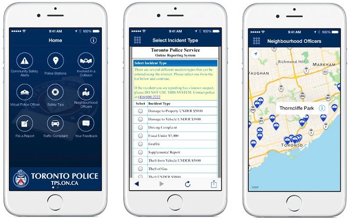Screen images of the Toronto police mobile app launched on Aug. 4, 2015.