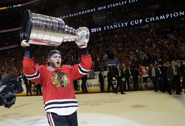 Chicago Blackhawks right wing Patrick Kane celebrates after defeating the Tampa Bay Lightning in Game 6 of the NHL hockey Stanley Cup Final series in Chicago. 
