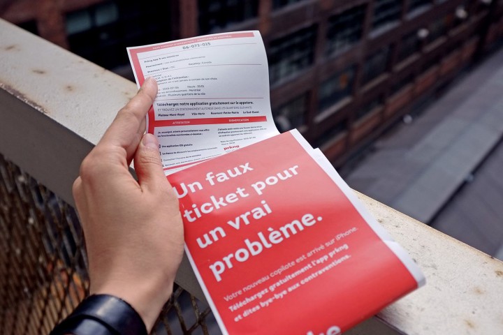 Mount-Royal residents found fake parking tickets on their cars - a unique ad for the prkng app, Wednesday, August 19, 2015.