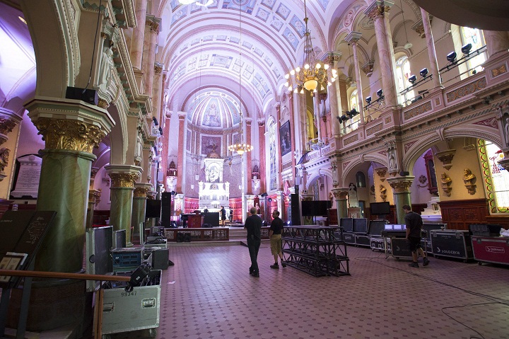 Preparations at the Musee de l’Amerique francophone for the wedding of Quebec Opposition Leader Pierre-Karl Peladeau and Julie Snyder Thursday, August 13, 2015 in Quebec City. Over 400 guests will attend the event on Saturday, August 15.