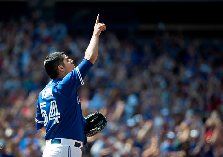 Toronto Blue Jays’ closer Roberto Osuna celebrates the Blue Jays’ victory over the Oakland Athletics during MLB baseball action in Toronto on Thursday, August 13, 2015.