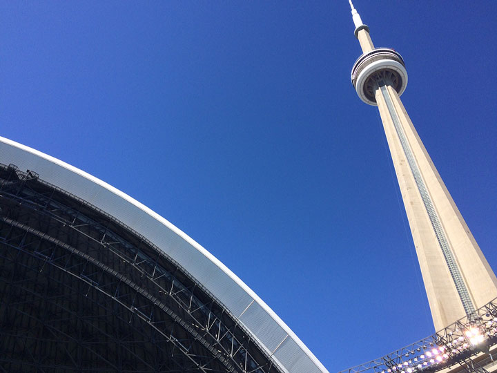 FILE: The CN Tower is pictured in this August 13, 2015 photo taken from inside the Rogers Centre in Toronto, home of the Toronto Blue Jays.