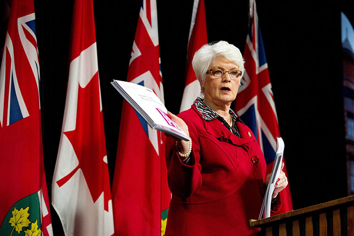 Ontario Education Minister Liz Sandals presents the revised Health and Physical Education curriculum at a press conference at Queen's Park in Toronto, Monday, February 23, 2015. 