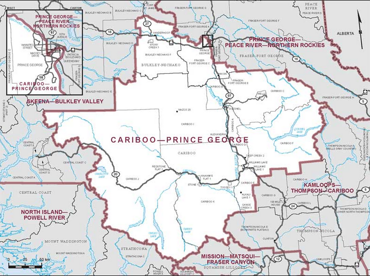 Riding boundaries for the electoral district of Cariboo-Prince George