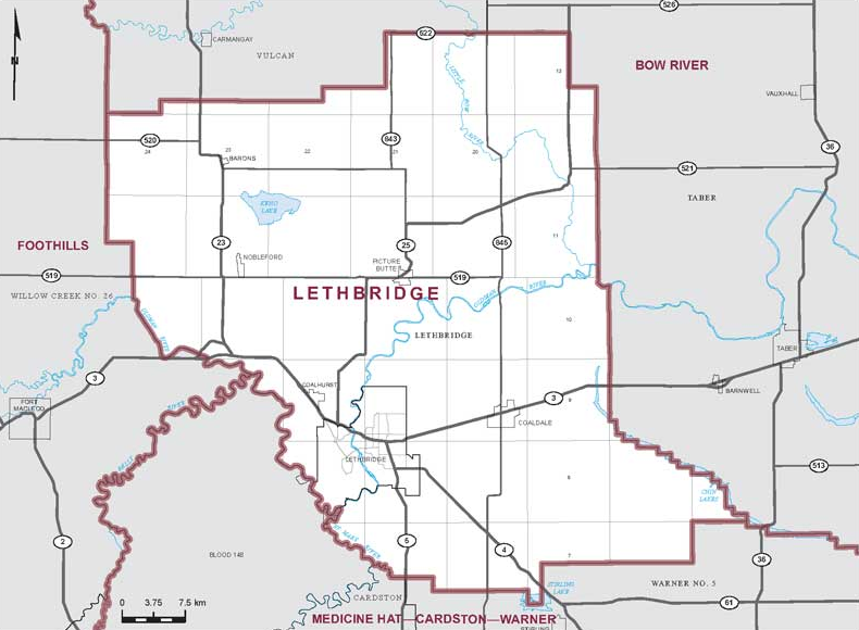 Riding boundaries for the electoral district of Lethbridge