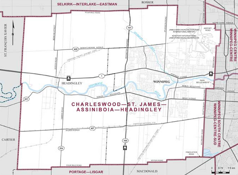 Riding boundaries for the electoral district of Charleswood-St. James-Assiniboia-Headingley