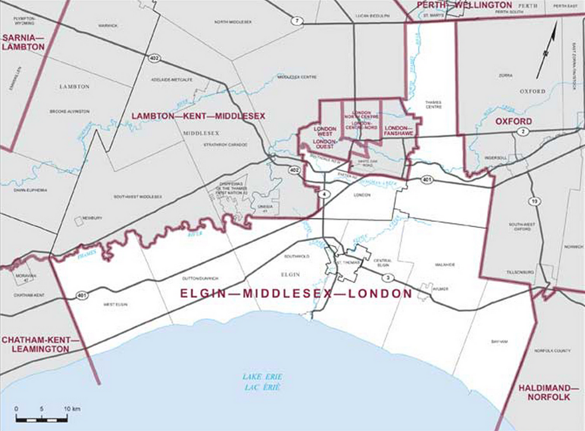 Riding boundaries for the electoral district of Elgin-Middlesex-London.