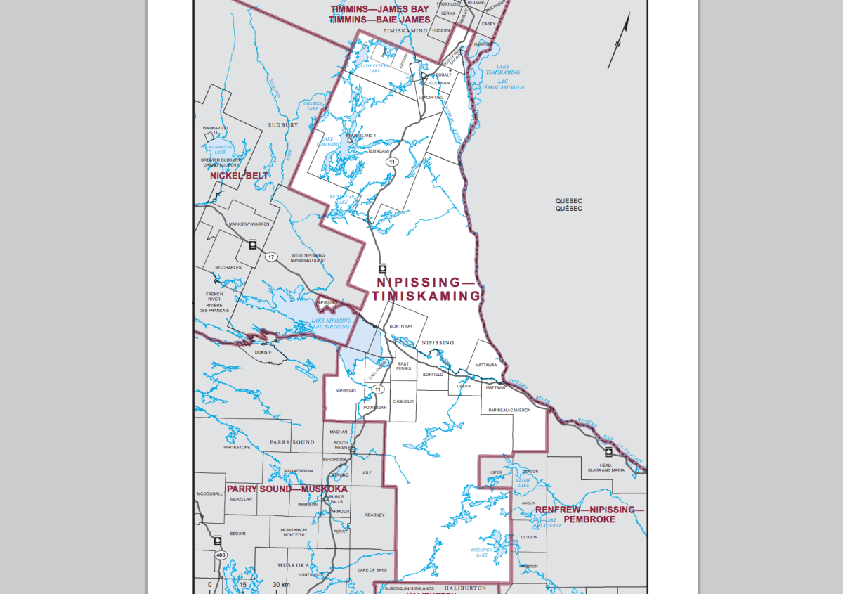 Riding boundaries for the electoral district of Nipissing-Timiskaming 
.