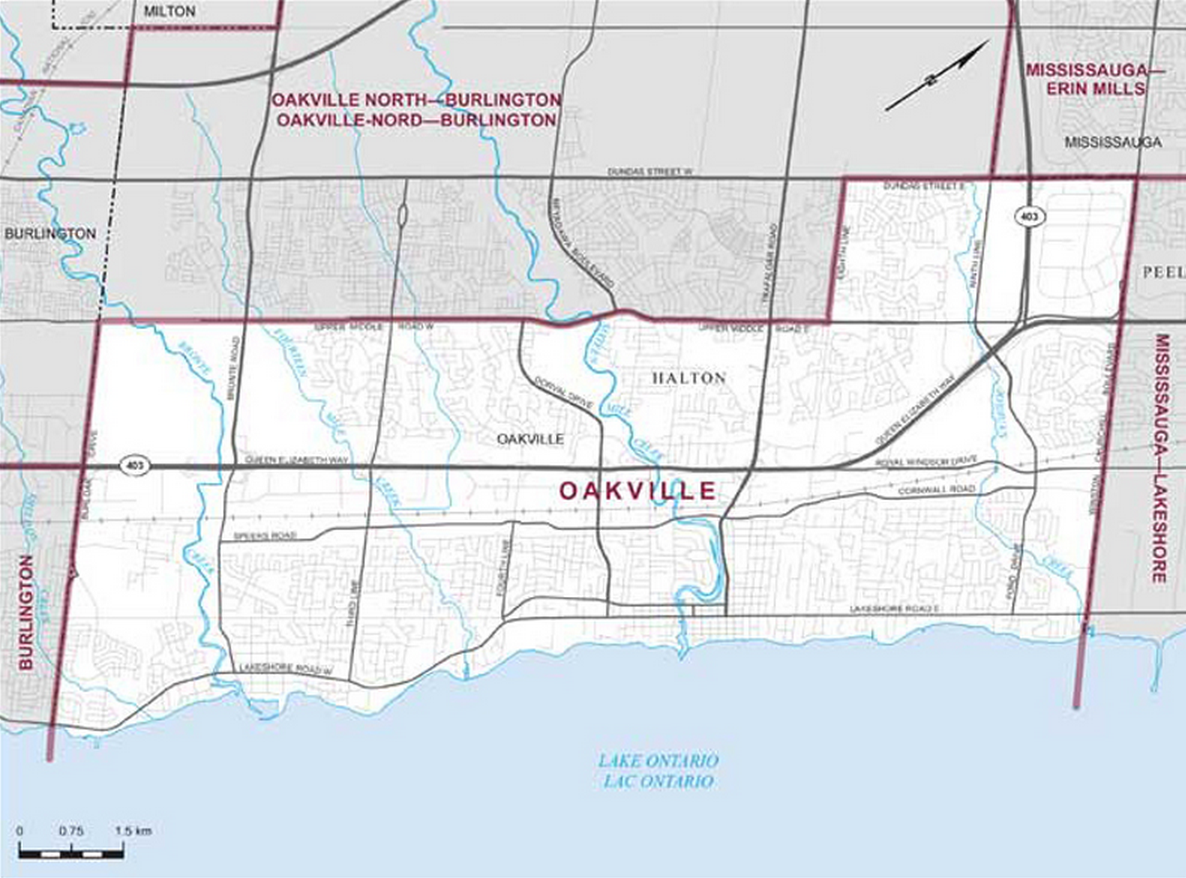 Riding boundaries for the electoral district of Oakville