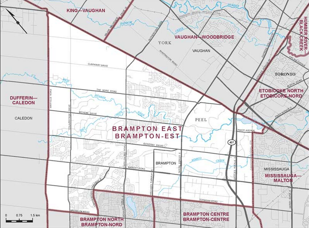 Riding boundaries for the electoral district of Brampton East 
.