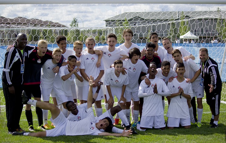 Manitoba's men's soccer team celebrates after beating Saskatchewan 5-1 in the bronze medal match at the 2015 Western Canada Summer Games in Wood Buffalo, Alberta.
