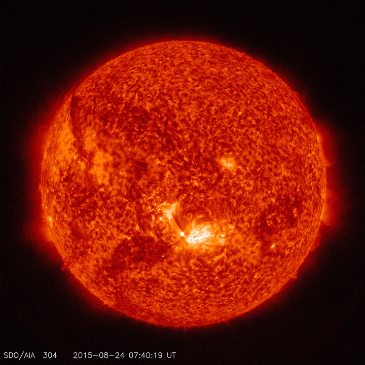 A large solar flare erupted from the sun (lower centre) on Aug. 24.