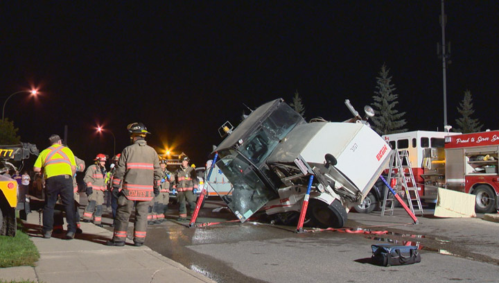 Driver uninjured after a street sweeper tips over in Saskatoon.
