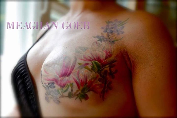 This floral tattoo covers the scars of Karen Malkin-Lazarovitz's double mastectomy, Wednesday, August 12, 2015.