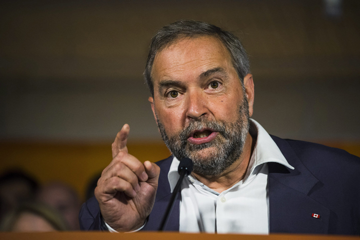 NDP Leader Thomas Mulcair Mulcair speaks at a press conference in Toronto on Thursday, August 6, 2015.