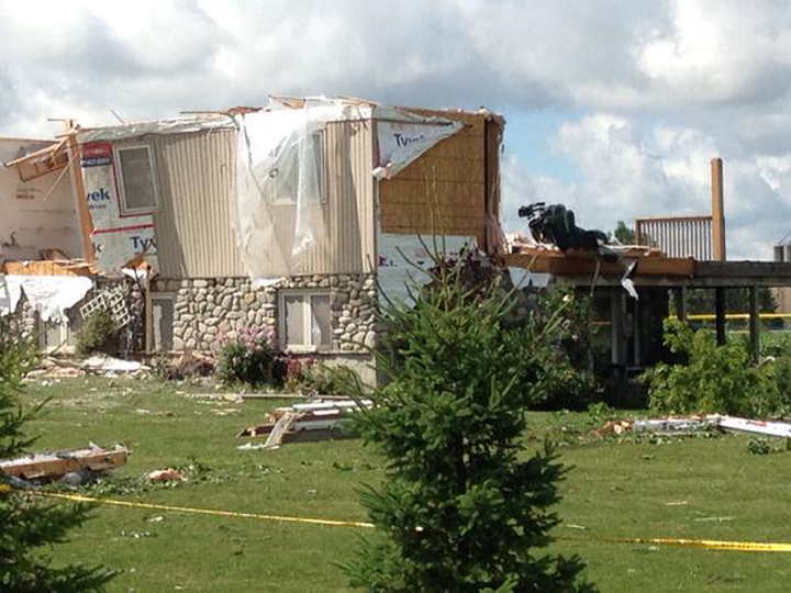 Damage to a home after the tornado in Teviotdale, Ont.