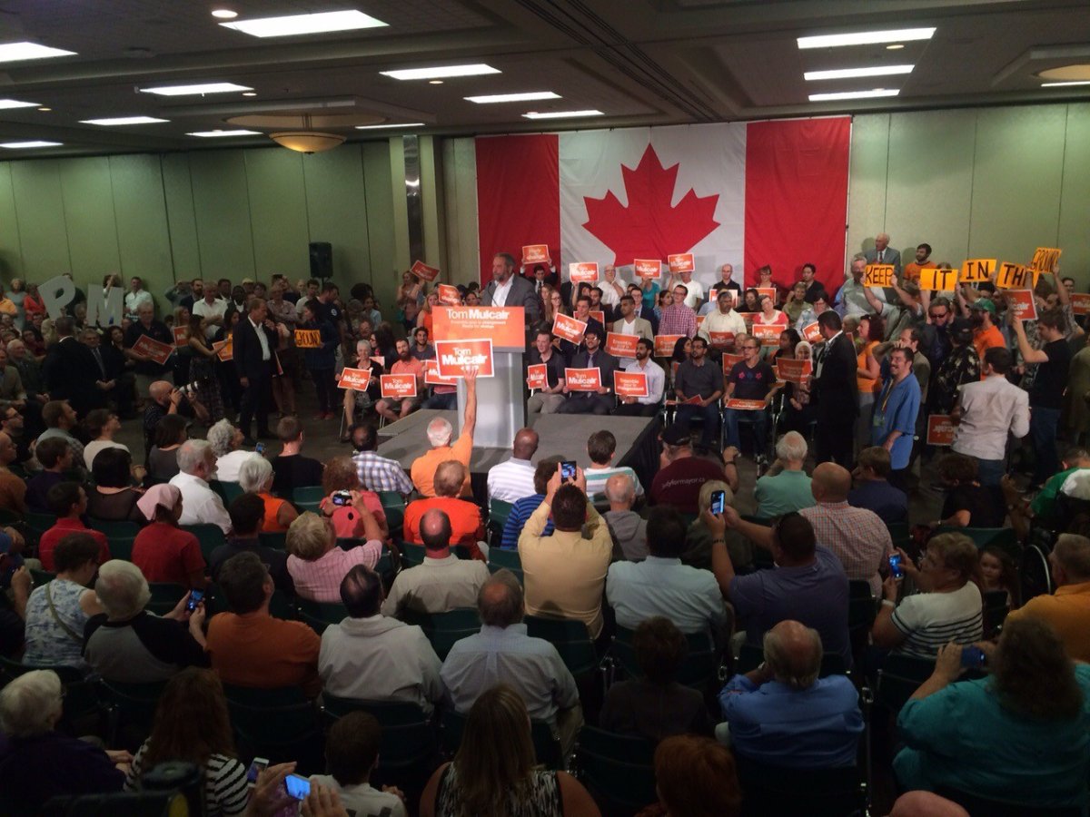 NDP Leader Tom Mulcair speaking at an NDP rally on Thursday August 20 2015. 