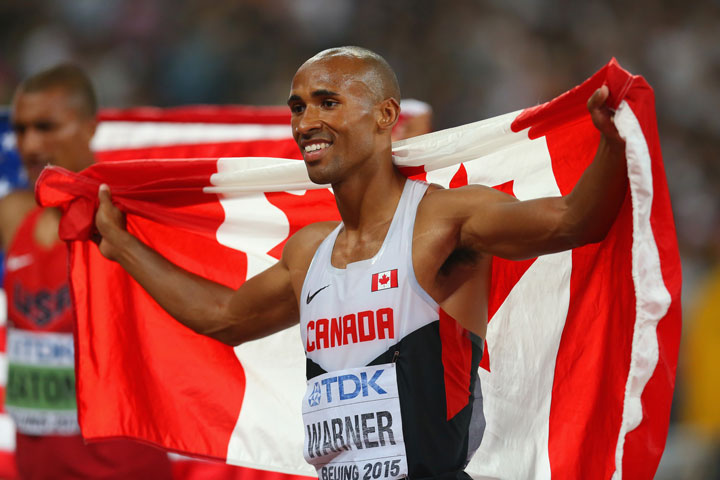  Silver medalist Damian Warner of Canada celebrates after the Men's Decathlon 1500 metres heat 2 during day eight of the 15th IAAF World Athletics Championships Beijing 2015 .