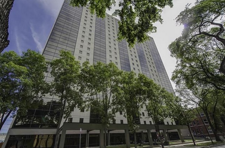Exterior of an apartment building in downtown Winnipeg.