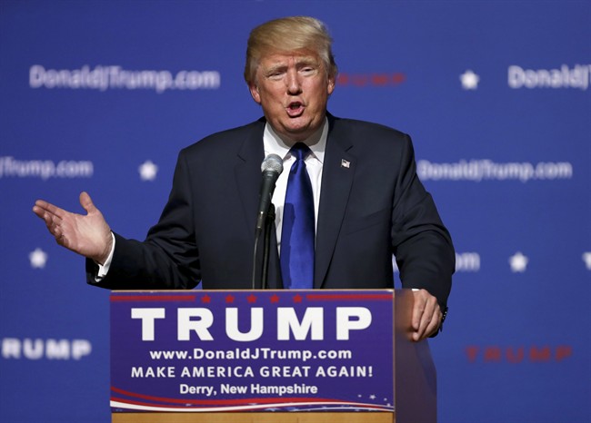 In this Aug. 19, 2015 file photo, Republican presidential candidate businessman Donald Trump speaks in Derry, N.H.