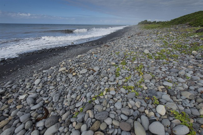 The beach of Saint-Andre, Reunion Island, Thursday, Aug 6, 2015. Malaysian Prime Minister Najib Razak announced on Aug. 6 the washed-up debris was part of the wreckage of the missing Malaysian Airlines flight MH370. (AP Photo/Fabrice Wislez).