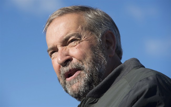 NDP Leader Tom Mulcair addresses the media at a morning announcement during a federal election campaign stop in Kamloops, B.C., on Wednesday, September 2, 2015.