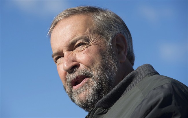 NDP Leader Tom Mulcair addresses the media at a morning announcement during a federal election campaign stop in Kamloops, B.C., on Wednesday, September 2, 2015. 