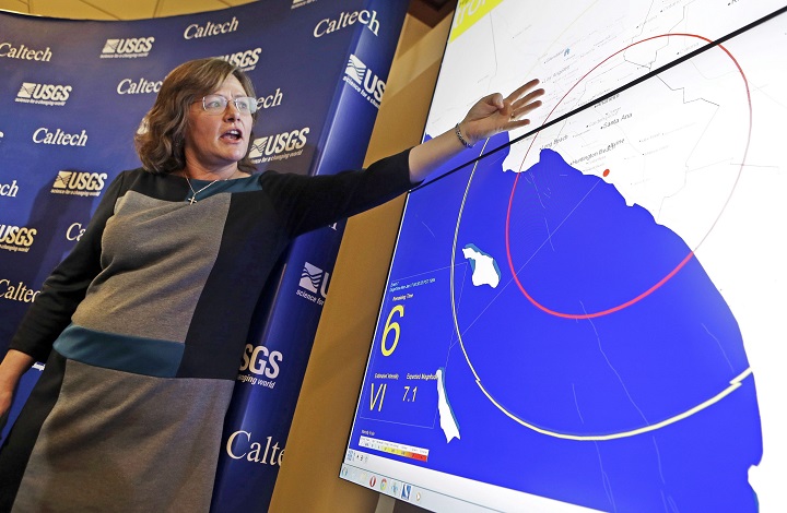 FILE - In this Jan. 28, 2014 file photo, Dr. Lucy Jones, senior advisor for risk reduction for the U.S. Geological Survey, describes how an early warning system would provide advance warning of an earthquake, at a news conference in the Seismological Laboratory at the California Institute of Technology in Pasadena, Calif. The U.S. Senate has approved $5 million in funding to roll out an earthquake warning system across California next year. (AP Photo/Reed Saxon,File).