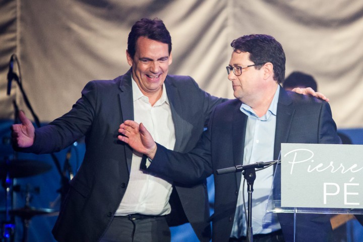 PQ leader Pierre-Karl Péladeau with Bernard Drainville, Saturday, May 9, 2015.