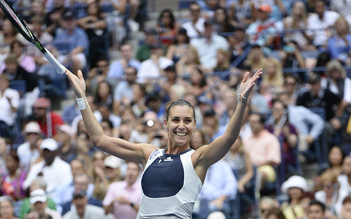 Flavia Pennetta of Italy reacts after defeating Roberta Vinci of Italy in the women's final on the thirteenth day of the 2015 US Open Tennis Championship at the USTA National Tennis Center in Flushing Meadows, New York, USA, 12 September 2015. 